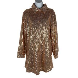 Blue b Womens Rose Gold Sequin Long Sleeve Button-Up Shirt Size S